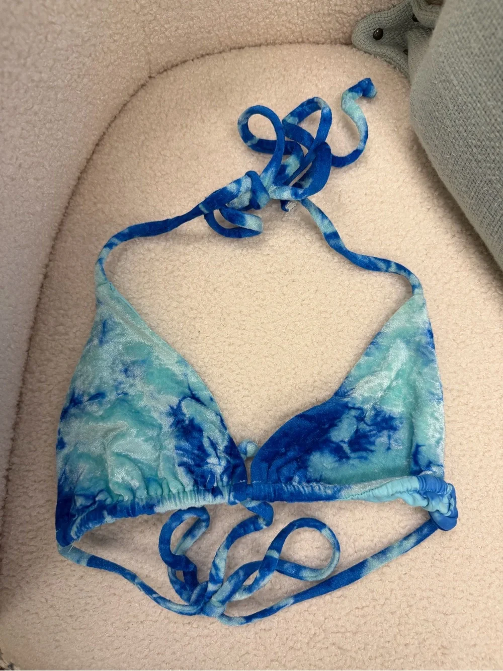 FRANKIES BIKINIS Nicola Top in‎ Aqua Sz L EUC Velour Beach Pool Swim Tie Dye